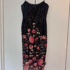 Marchesa Notte Black Sequin Midi Dress with Embroidered Pink Flowers, size 6